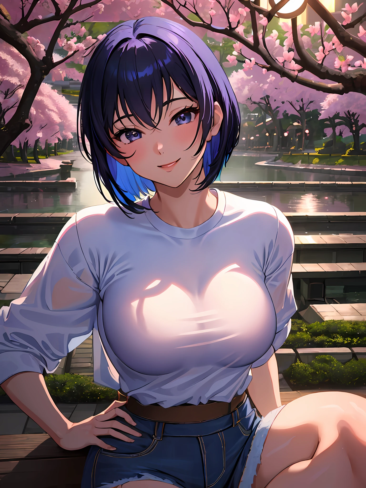 ((best quality)), ((masterpiece)), (detailed), ultra-detailed, best shadow, high contrast, (best illumination, an extremely delicate and beautiful), ((cinematic light)), intricate details, 1girl, Motoko Kusanagi, 8k uhd, medium breasts, short blue hair, inverted bob hair, black tshirt, denim shorts, smile, Japan, hanami, park, sakura tree, romantic, wallpaper