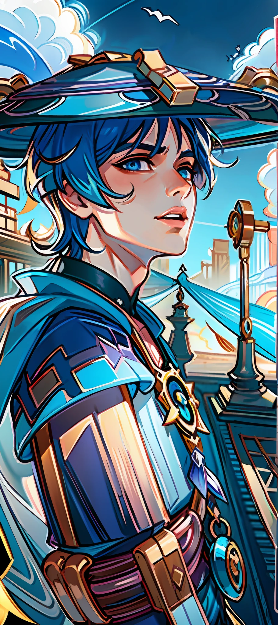 (masterpiece),(best quality:1.0), (ultra highres:1.0), detailed illustration, 8k, anime, masterpiece, wearing a wide blue hat over head, large detailed hat, best quality,(wanderer:1.2), letterboxed, (genshin impact), 1boy, male focus, solo, vest,(kbxll:0.5), anime style, vibrant