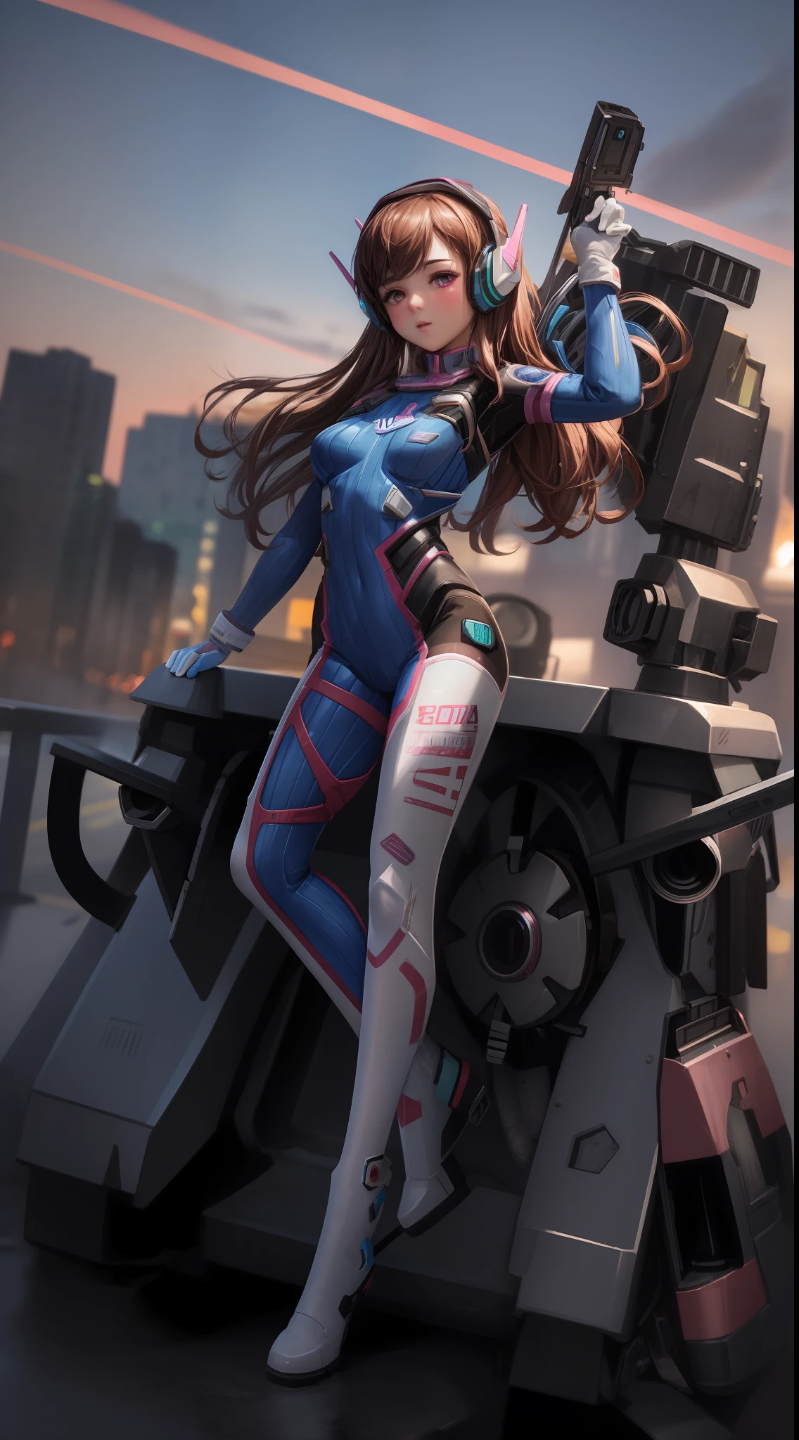 Masterpiece, Best Quality, High Resolution, 1girl, Ultra High Resolution, Solo, Mecha Pilot, D.VA, Headphones, Pink Eyes, Cat Face Adorage, Blue Tights, Brown Hair, White Gloves, Full Body, Daytime
