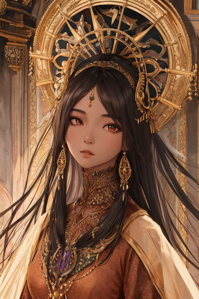 detailed skin texture, detailed cloth texture, beautifully detailed face, masterpiece, best quality, ultra detailed, 8k, intricate details, best quality, 1girl, South East asian  girl, long_black_hair, brown_eyes, dark skin lightskin collor, using a peach collor dress. detailed eyes, detailed face, intricate, grunge outfits, cinematic lighting. (hiqcgbody:0.5), (hiqcgface:0.5),  full-body shot,