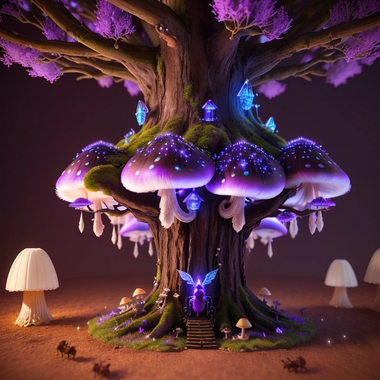 Fantasy, 3D, good quality, Hallowed out redwood tree taken over by ants, mushrooms on the side, fairy lights on the bottom, small purple moth on top