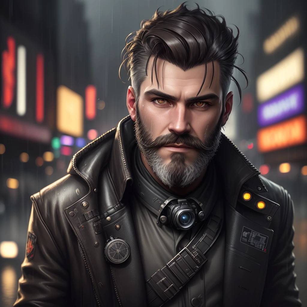 masterpiece, high detail, trend in art station, realistic, detailed face, in general, a photo of a cyberpunk private detective, beard, dark hair, dirty, drone, Blade Runner city, neo lights, dark, rain, night, CRU, canon r6, general plan, sharp, blurred background, rule of thirds, dramatic lights, dark shadows
