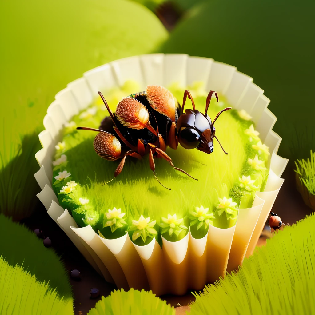 an anthill, similar to a cupcake, with green grass on top, in small candy flowers, with several entrances in the sides. ants scurry around