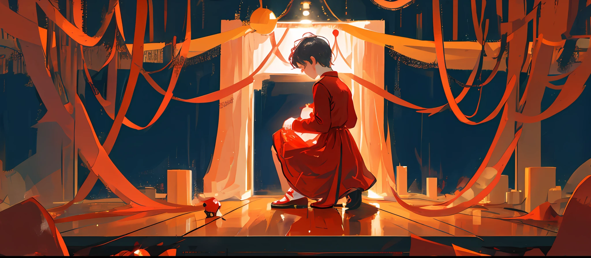 Boy praying in the room kneeling at night with hearts around and a  girl with a very bright red dress next to it