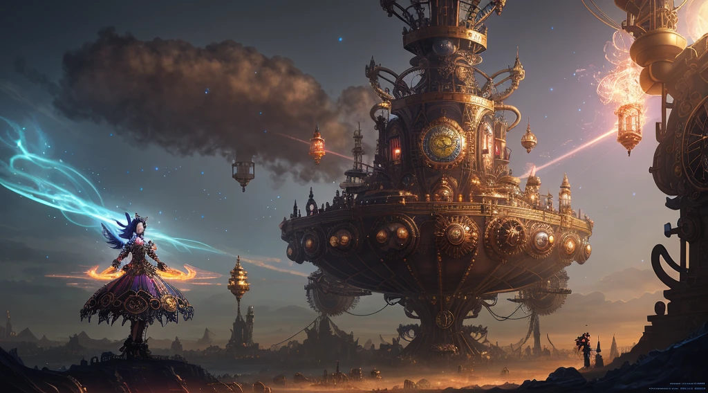 there is a woman standing in front of a giant tower, steampunk fantasy style, steampunk concept art, golden steampunk city atmosphere, vivid steampunk concept, 3d rendered steampunk, steampunk world, steampunk fantasy, 4k highly detailed digital art, detailed steampunk illustration, epic fantasy sci fi illustration, steampunk digital art, steampunk setting, airship in steampunk, ancient steampunk city