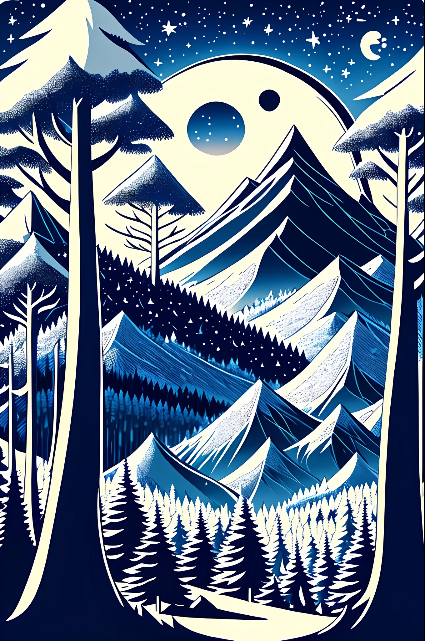 Painting of a detailed pine forest, a big crescent moon in the background, a dark blue sky, mountain scape, vector line art,  anime concept art, awesome, matte,