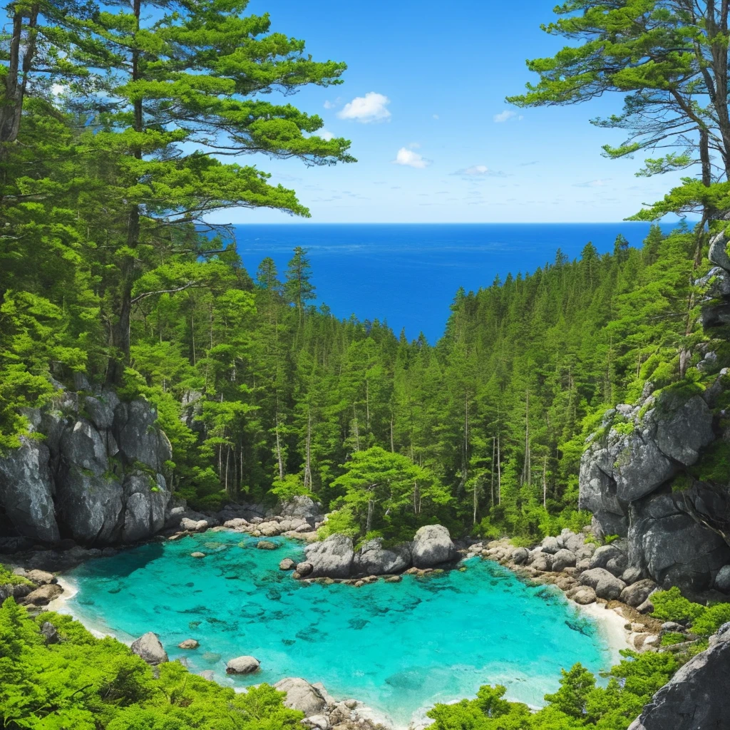 landscape forest with a calm blue sea surrounded by rocks in a clearing sunny blue sky and calm forest