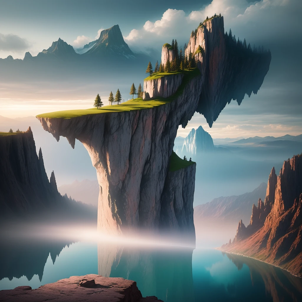 A photography that captures the essence of a magical dream - like world. An epic and legendary cliff that overhangs a beautiful lake, with surreal and vibrant colors illuminating its reflection. The atmosphere is otherworldly, with soft evening light casting ethereal shadows. The image creates a sense of depth and mystery, as if the viewer is being transported to another dimension. The effect is amplified by the use of double exposure, creating a beautiful and haunting composition.