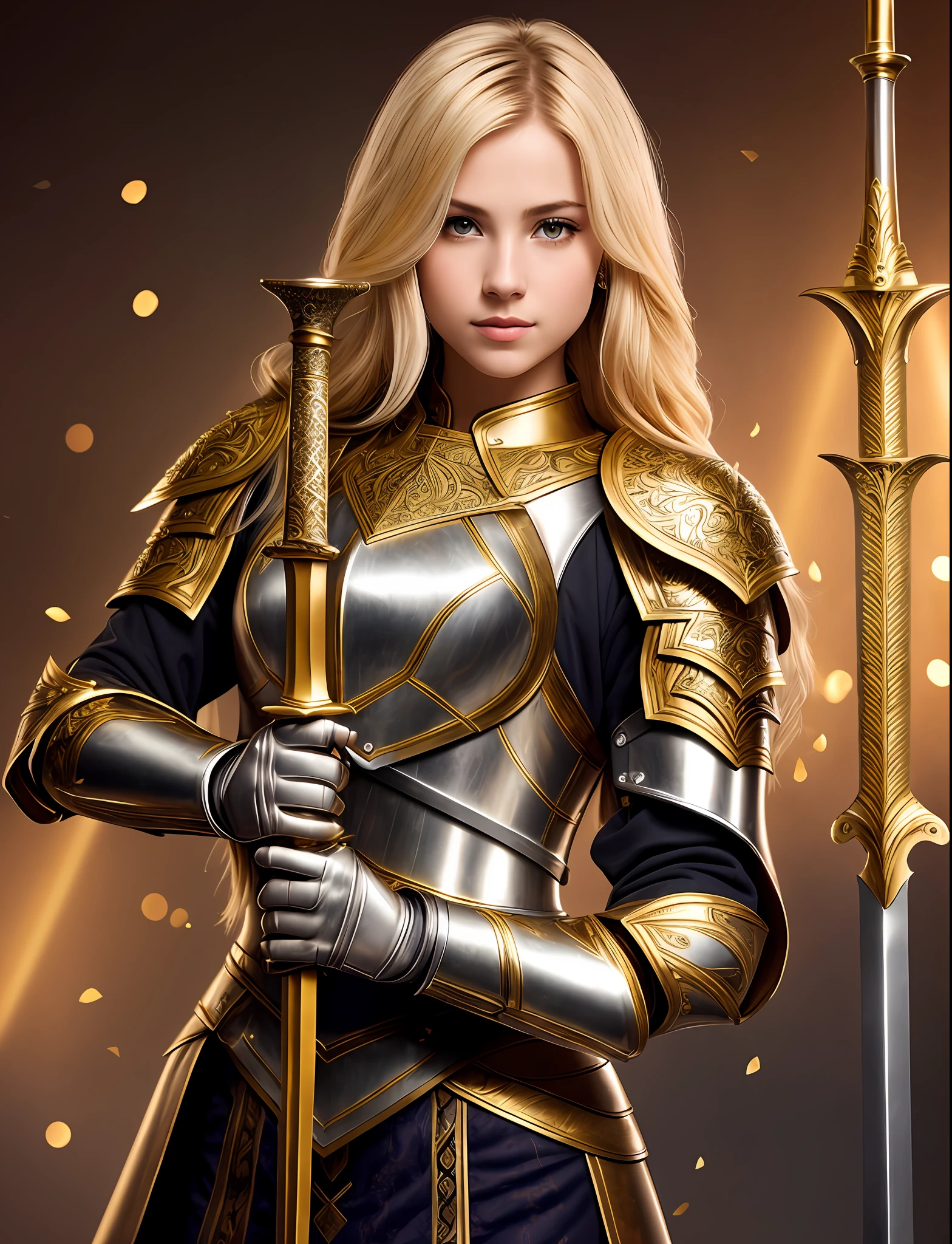 A beautiful blonde girl wearing gold armor, with a beautiful sword in her hand, (16k high quality, professional and real photo style), (with a silver sword in hand)