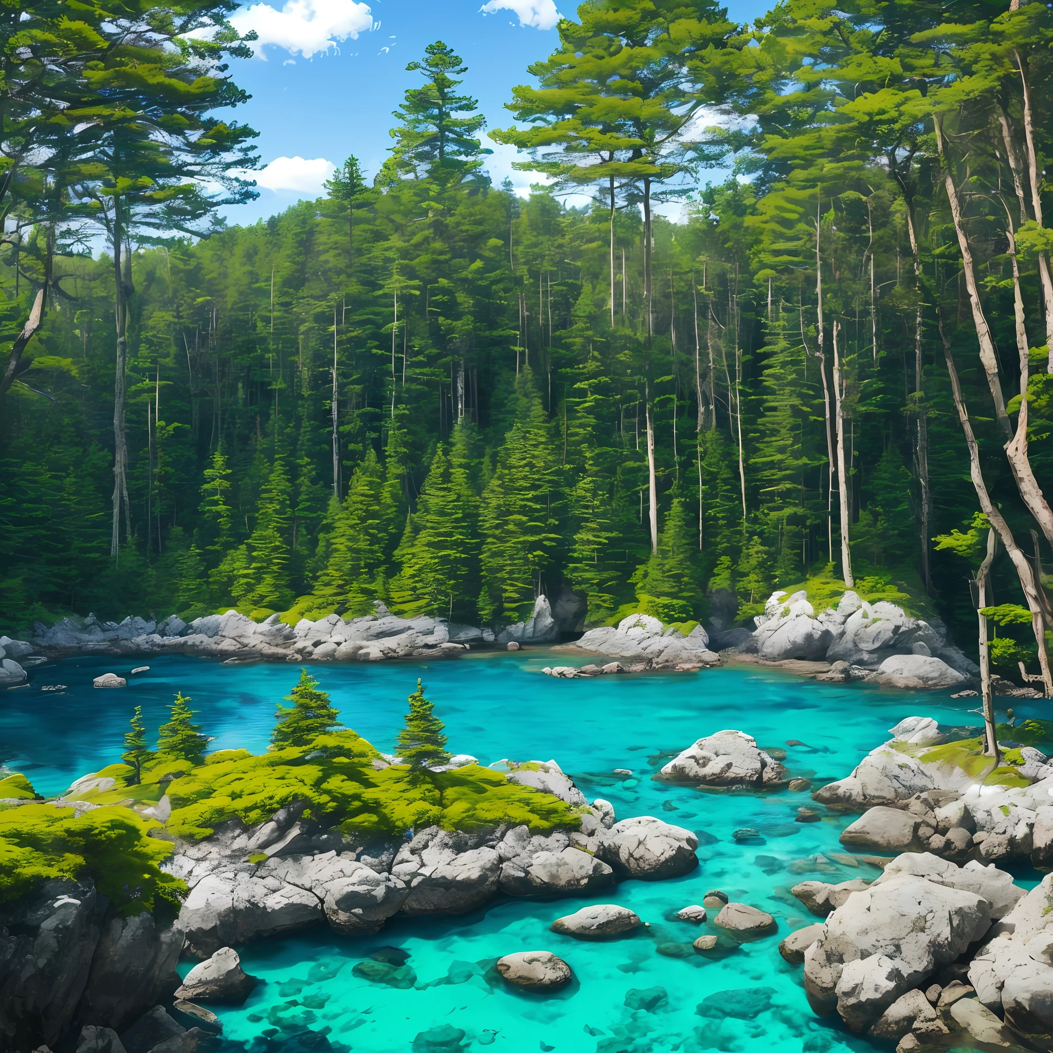 landscape forest with a calm blue sea surrounded by rocks in a clearing sunny blue sky and calm forest