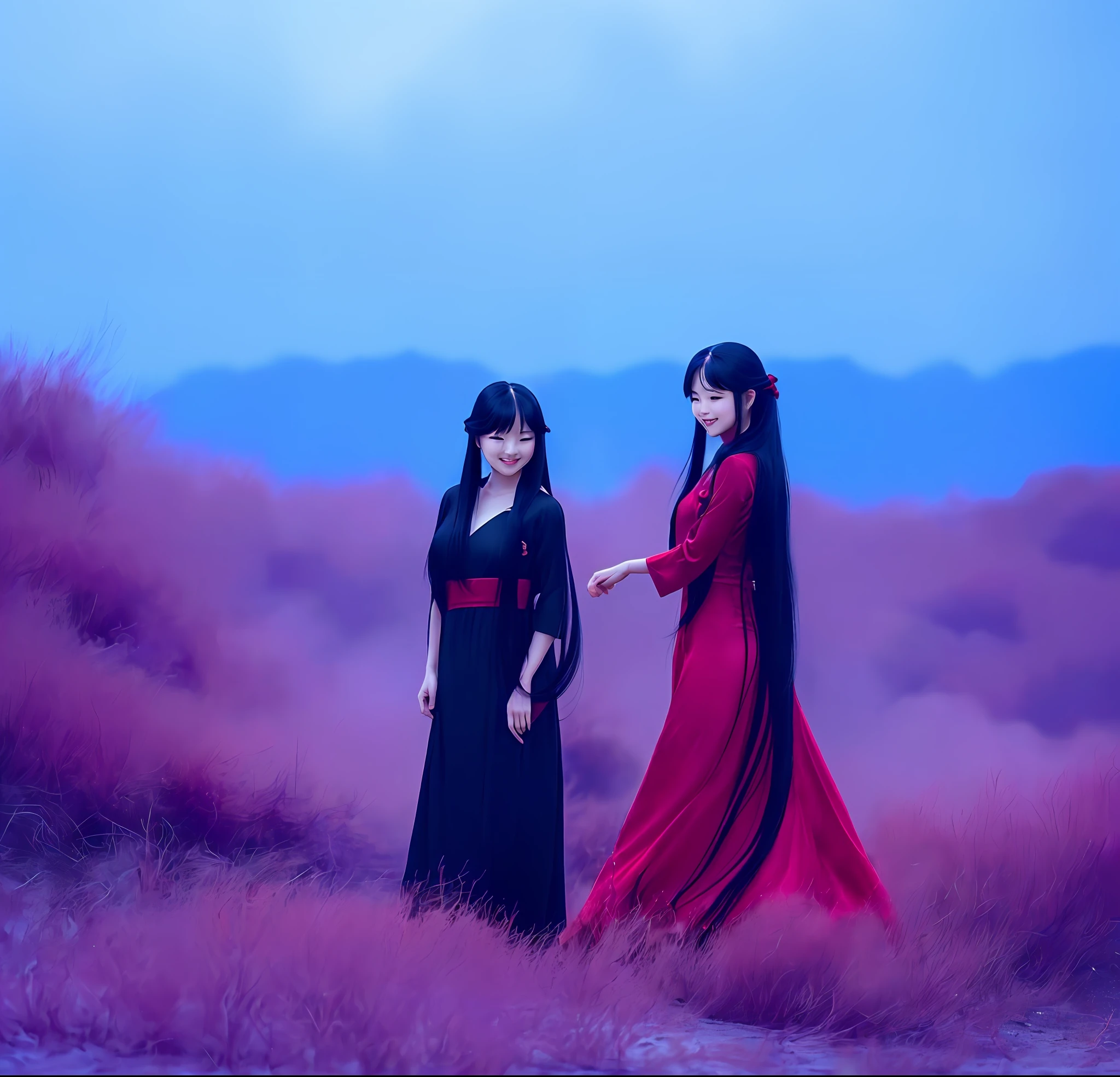 (衬托红色,girl)夜晚的篝火,(long black hair:1.2|long red hair:1.4),(wearing black dress:1.2|wearing red dress:1.4),(smiling face),(standing),(looking at the fire)