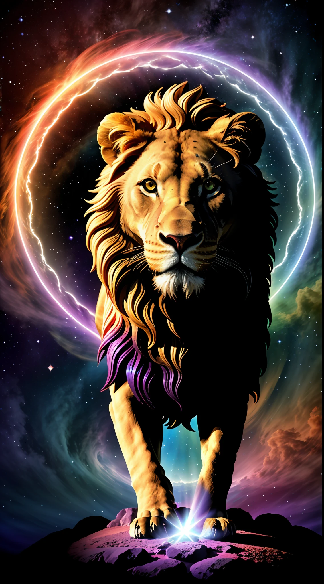 absurd, ultra detailed, Create an image using a prism effect, with light refraction and creating a colorful and kaleidoscopic appearance. Create an image with fisheye lens effect, capturing a wide field of view with a distinct, curved perspective. Capture of a lion with imposing Greek sculpture style expression, with a beautiful nebula in the colors baby blue and purple, conveying a sense of tranquility and natural beauty. , Illustrate a monochromatic world, convey depth, emotion and a stunning visual impact.