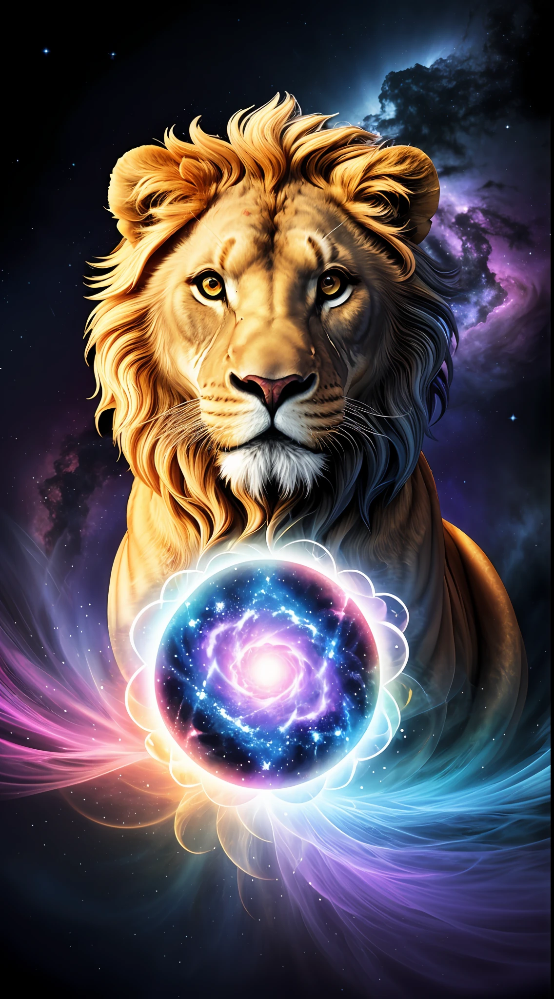 absurd, ultra detailed, Create an image using a prism effect, with light refraction and creating a colorful and kaleidoscopic appearance. Create an image with fisheye lens effect, capturing a wide field of view with a distinct, curved perspective. Capture of a lion with imposing Greek sculpture style expression, with a beautiful nebula in the colors baby blue and purple, conveying a sense of tranquility and natural beauty. , Illustrate a monochromatic world, convey depth, emotion and a stunning visual impact.