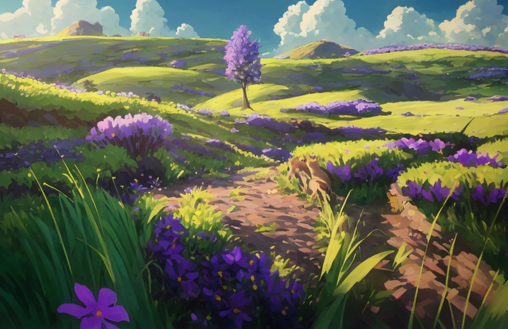 A field full of beautiful flowers, kittens and puppies chasing each other,