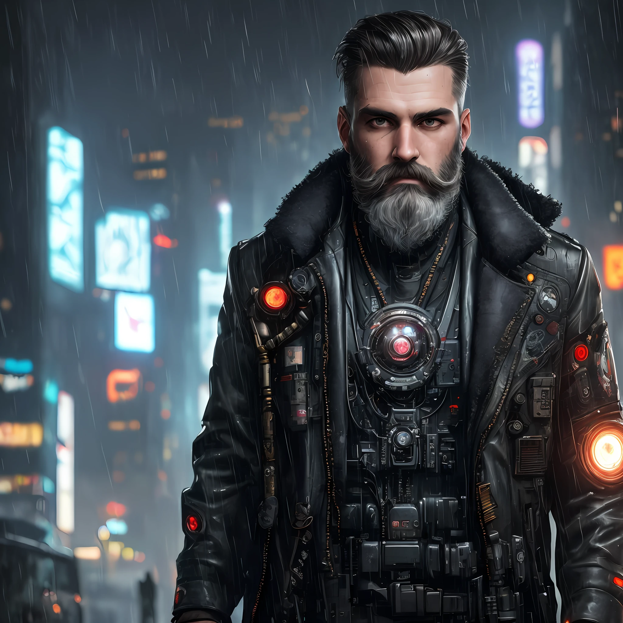 masterpiece, high detail, trend in the art station, realistic, detailed face, in general, a photo of a cyberpunk private detective, beard, robot, dark hair, dirty, drone, Blade Runner city, neo lights, dark, rain, night, CRU, canon r6, general plan, sharp, blurred background, rule of thirds, dramatic lights, dark shadows