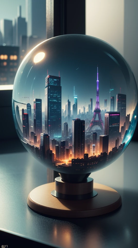 mini\(ttp\), (8k, RAW photo, best quality, masterpiece:1.2), cyberpunk city, miniature, landscape, isometric, ((inside a glass sphere)), ((plain wall in the background))