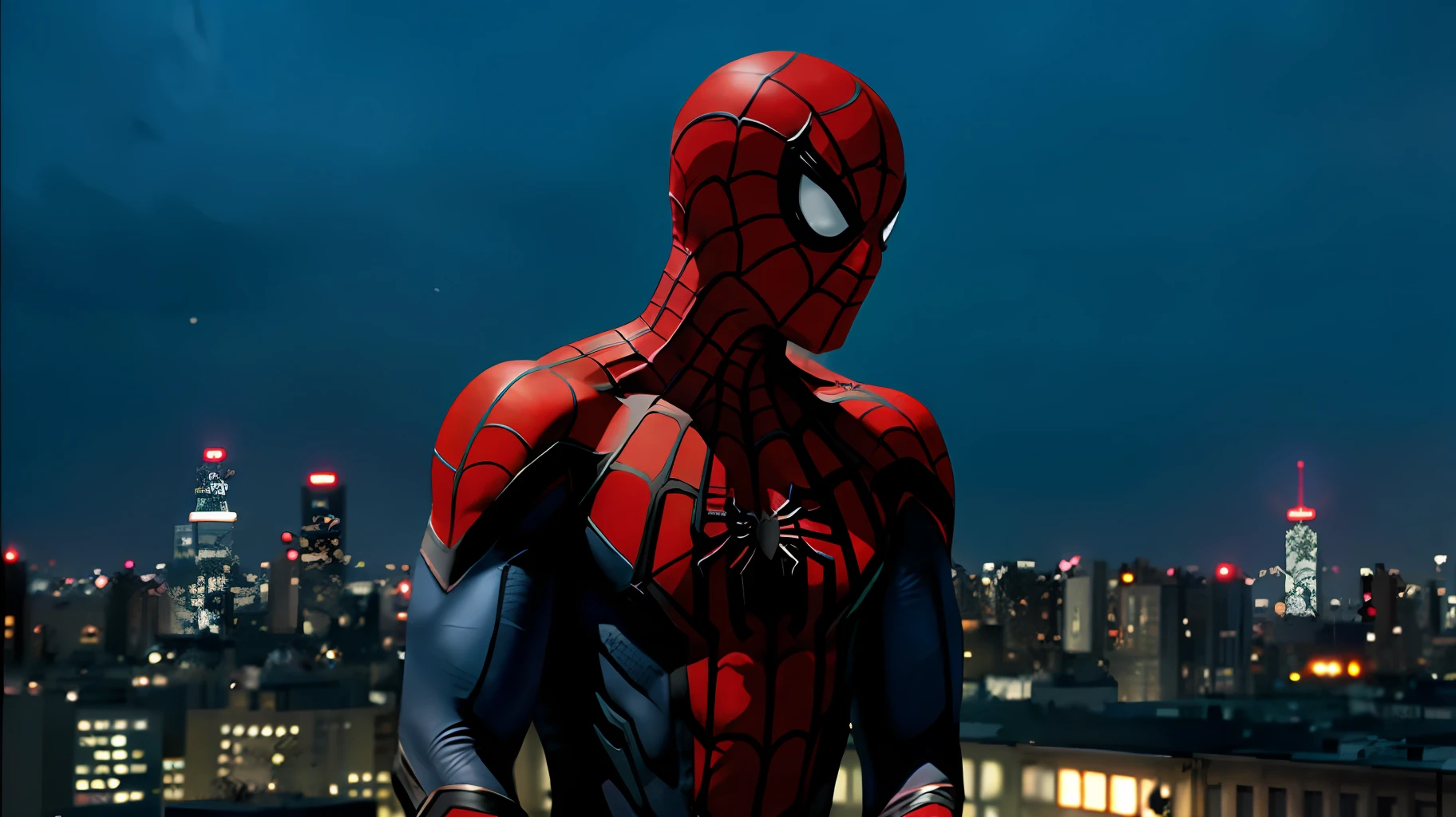 Spider-Man on top of an illuminated city building