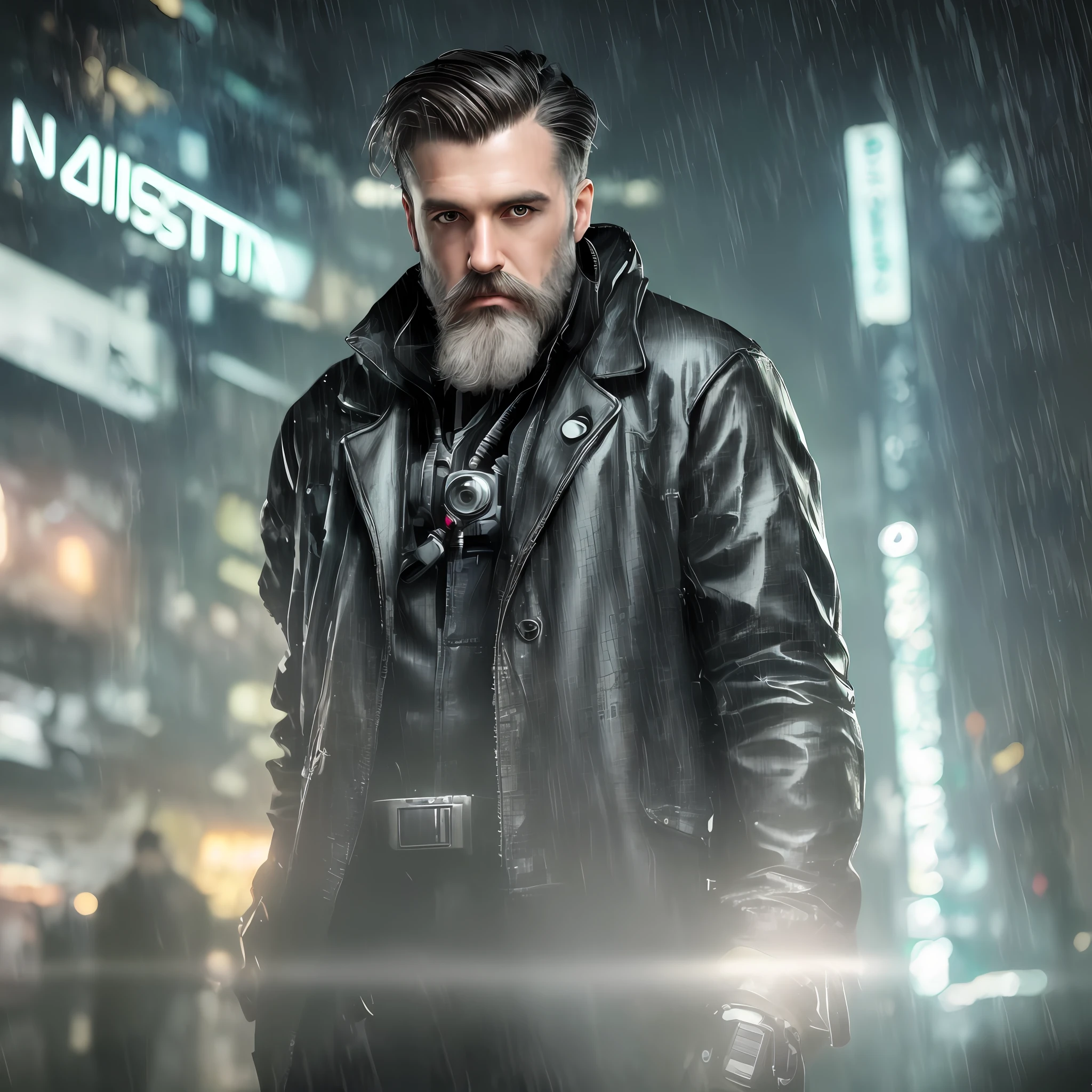 masterpiece, high detail, trend in the art station, realistic, detailed face, in general, a photo of a cyberpunk private detective, beard, robot, dark hair, dirty, drone, Blade Runner city, neo lights, dark, rain, night, CRU, canon r6, general plan, sharp, blurred background, rule of thirds, dramatic lights, dark shadows