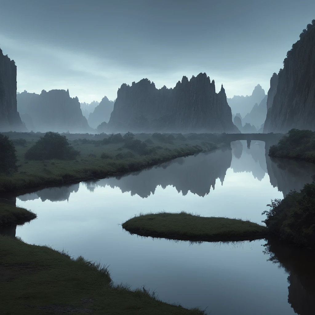 spooky dungeons with dim lighting in day time with a river having reflections of it and sky is kindof cool and baground looks cool and isolated