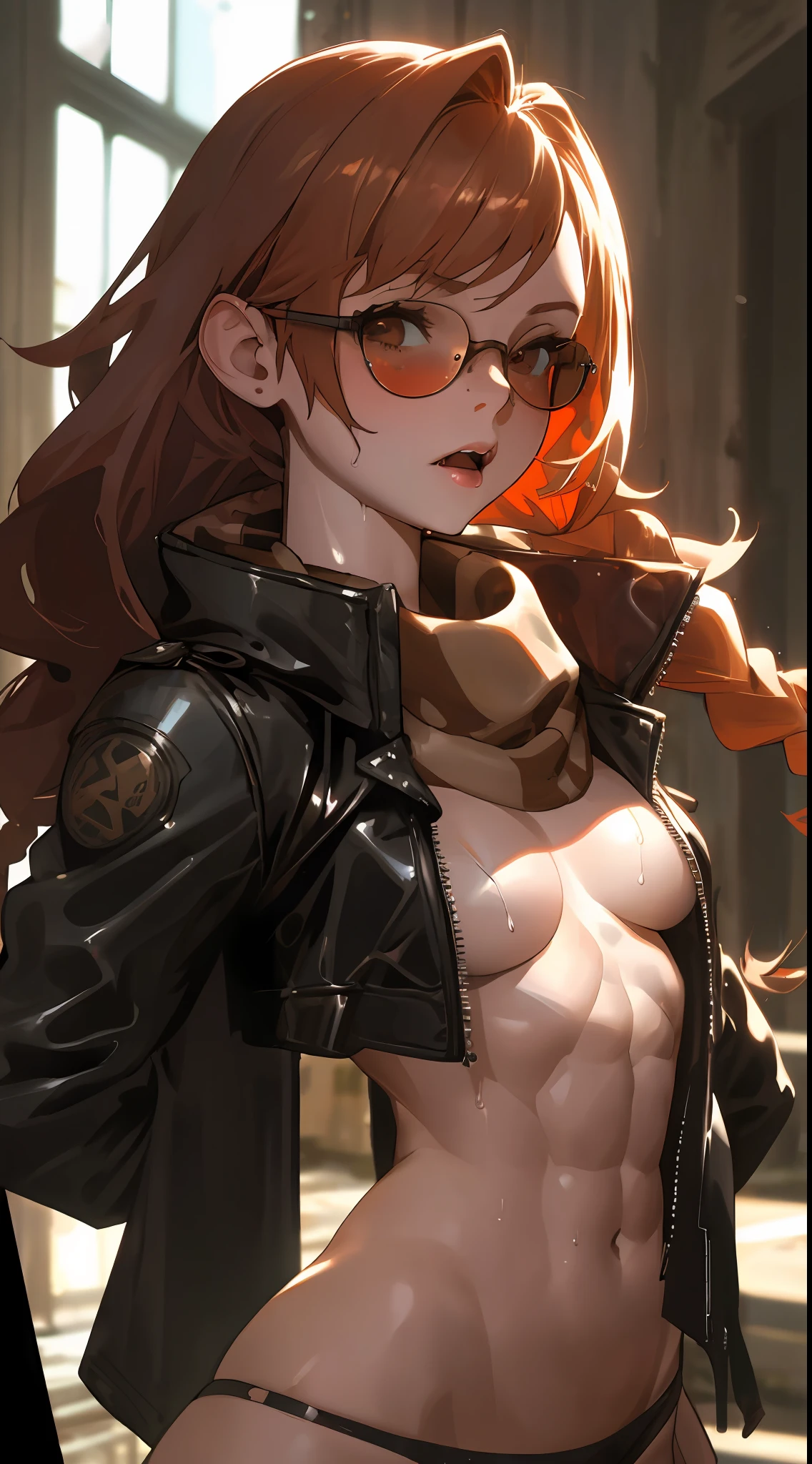 (portrait Photograph, realistic, canon eos r3, frontal camera angle, upper body zoom) ((perfect body: 1.1), (perfect anatomy:1.1), (perfect body proportions:1.1),(extremely delicate and beautiful), detailed skin, freckles, hyper detailed, ultra sharp,hdr) “ In this NSFW image, an steampunk young redhead girl standing up with open legs (visible ass from frontal view, ass fangs), looking at the camera in a provocative  expresion, inside ruin with high contrast between sunlight and dense shadows at the desert. She is has a skinny fit and toned body with toned abs (cut abs: 1)(muscles:1), small chest,small breast and thick thights . She wears a wet translucent highleg micribikini top with a black leather chocker (skindentation:1.2, extremely torned, torn) ( side boobs:1, see-through:1.1, wet body:1, wet breast:1, wet crotch:1), no bra, long leather jacket with metal shoulder pads with spikes and fur and a red scarf. Her white see-through panties are torn and falling down (wet panties:1)(bottomless:0.9). also she have a round vintage steampunk sunglases a. Her breast, sideboobs, abs, cleavage and wet crotch are totally visible through her falling torn clothes(topless occacionally). She has long auburn hair in braids, pale skin and freckles over all the body”.