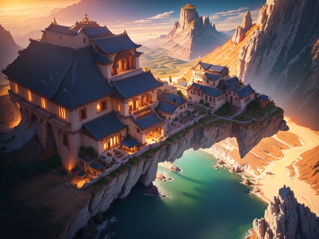 ( ( Top view, high angle view, minimalistic composition) ) , Sunset Gradient, moonlit night, halo, beautiful play of shadow, light effects, Autumn,many raditional ancient greek metropolis space station on a floating island, there are many scattered buildings, waterfall, clouds, group of buildings, sky lanterns, high mountains, soft color, refreshing, beautiful, ancient greek landscape painting, cinematic lighting, high detail, (close-up), (chiaroscuro),fine facial details,cinematic lighting, (depth of field), UHD