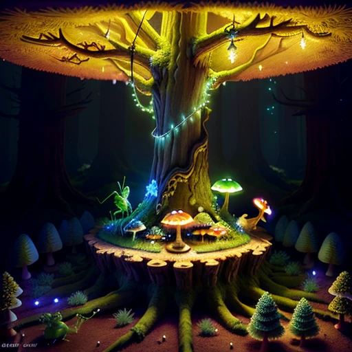 Fantasy, 3D, good quality, Hallowed out redwood tree taken over by ants, mushrooms on the side, fairy lights on the bottom, with bright green praying mantis on top