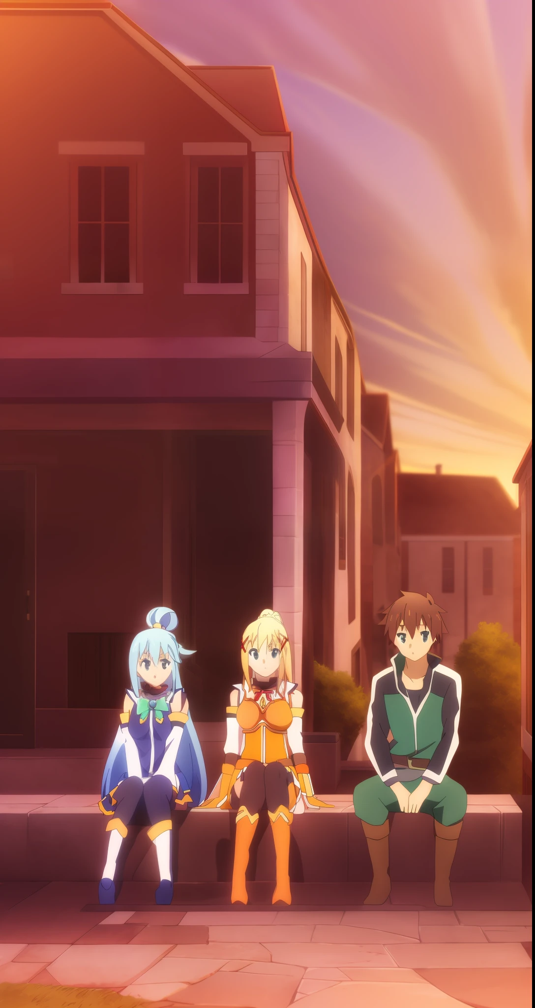 Axel; Darkness, sitting; evening; Aqua, sitting; Megumin, sitting; Kazuma, sitting;