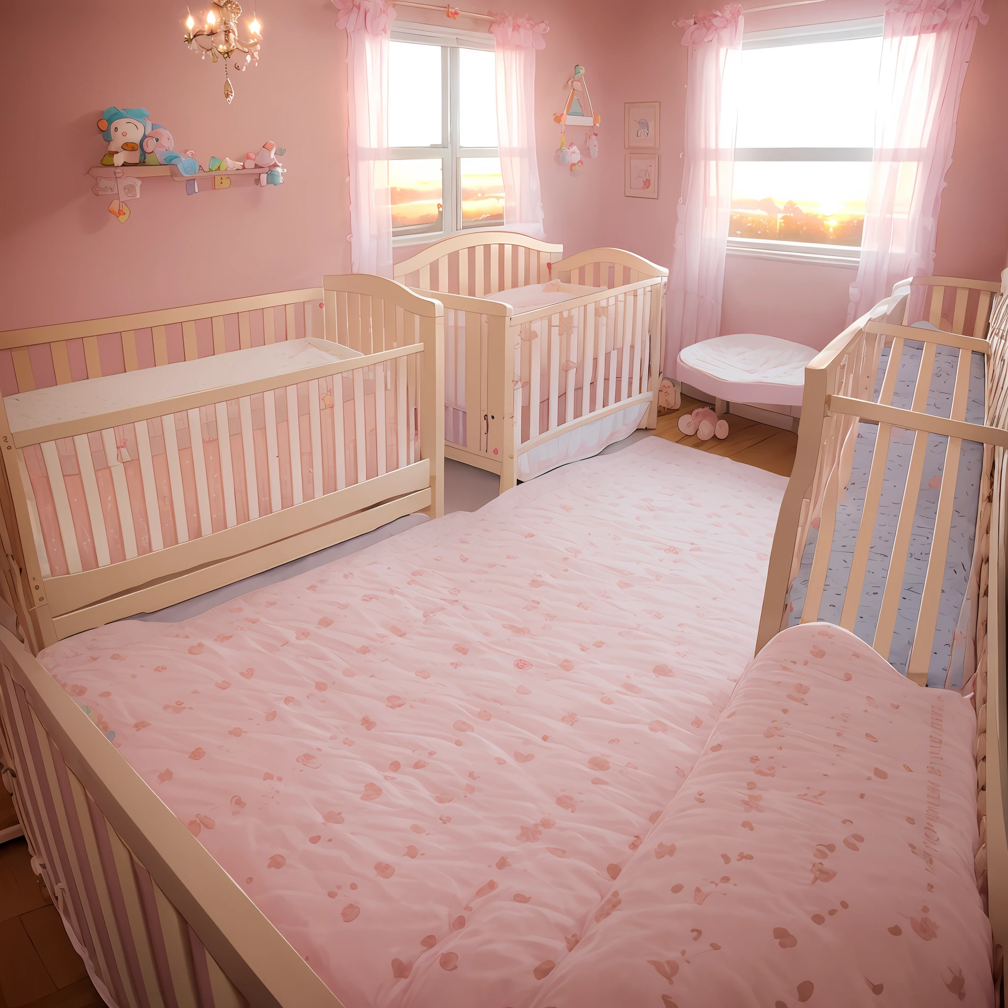 nursery, beautiful lighting, sunset, crib on the background