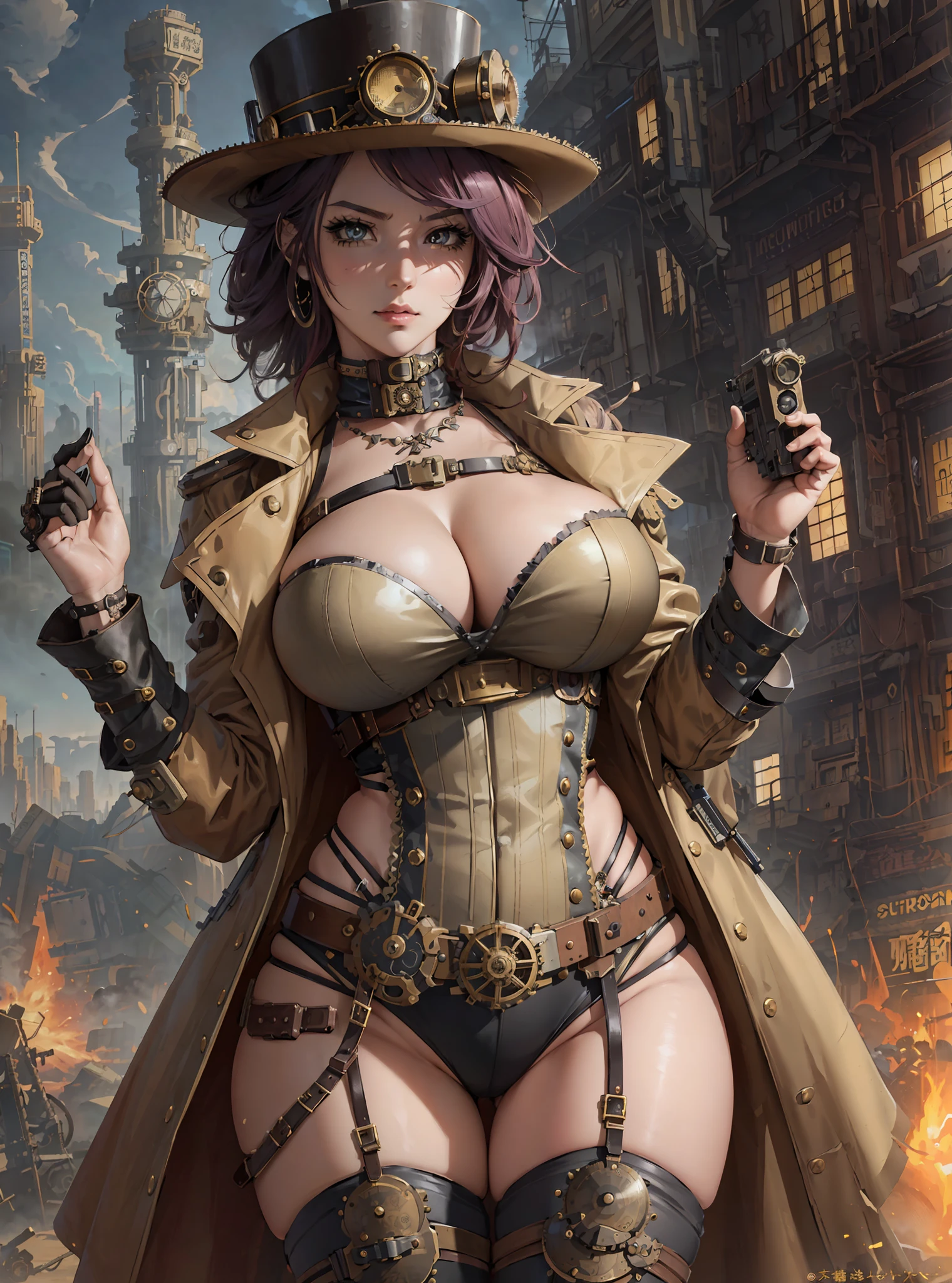 there is a woman in a steampunk outfit holding a gun, steampunk beautiful anime woman, cyberpunk wild west, extremely detailed artgerm, style artgerm, 2. 5 d cgi anime fantasy artwork, steampunk fantasy style, steampunk girl, steampunk pin-up girl, in steampunk cityscape, steampunk concept art, female sheriff, deviantart artstation cgscosiety