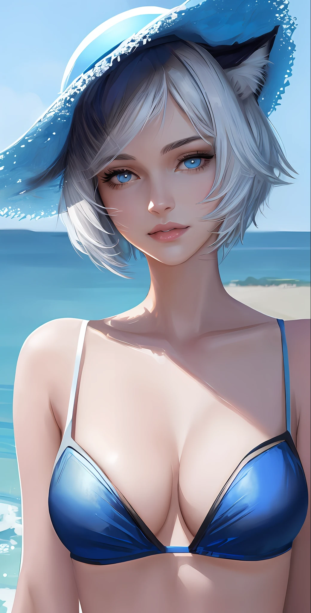 Masterpiece, highres, high quality, Detailed face, best quality,1girl, (miqote:1.1), cat ears, (pale skin:1.1), cat girl, (white hair), blue eyes, lips ajar, (field, outdoors:1.1), anthropomorphic, bangs, short hair, up close, suomi 80mm Sigma f/2.0,vivid light, blue hoodie, blue bikini, happy pose, blue hat, firework, dof, deph of field, by greg rutkowski, trending on artstation detailed, award winning illustration, hd, 4k, digital art, highly detailed, cinematic lighting, vibrant colors, in the style of noah bradley, Beksinski, realistic, realism, face focus