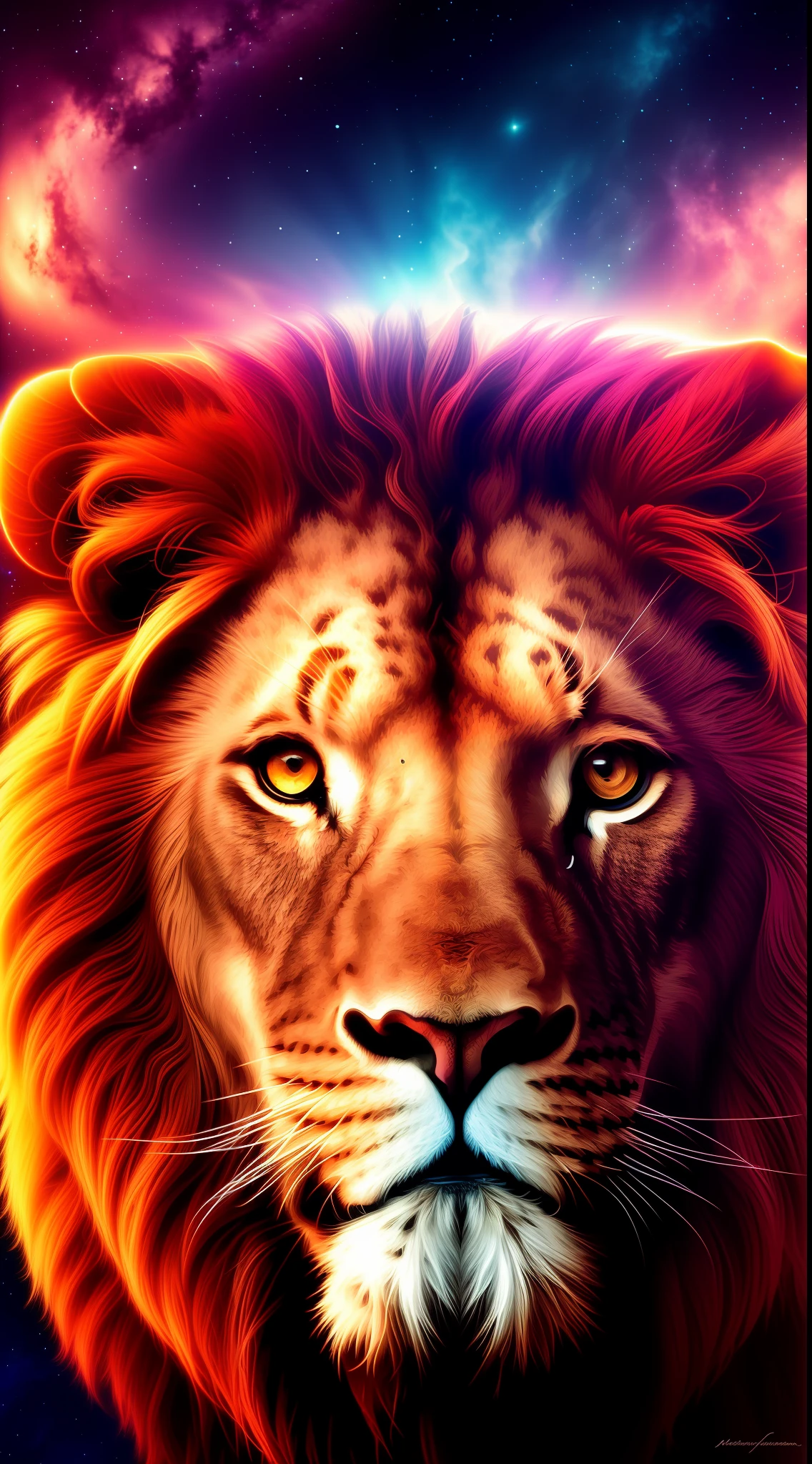 absurd, ultra detailed, Create an image using a prism effect, with light refraction and creating a colorful and kaleidoscopic appearance. Create an image with fisheye lens effect, capturing a wide field of view with a distinct, curved perspective. Capture of a lion with imposing Greek sculpture style expression, with a beautiful nebula in the background, conveying a sense of tranquility and natural beauty. , Illustrate a monochrome world, convey depth, emotion and an impressive visual impact