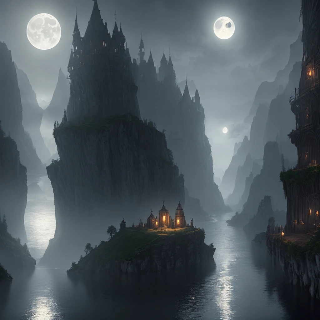 (extremely detailed CG unity 8k wallpaper, masterpiece, best quality, ultra-detailed), spooky atmosphere, dungeon architecture, daytime lighting, river with reflection of dungeon and moon, eerie and mysterious ambiance.