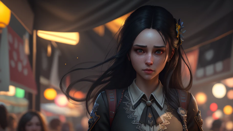 1girl, sweet girl, princes, university uniform, natural, elegant, beautiful, (perfect big eyes: 1.2), long black hair, perfect nose, small chest, holding flowers, extreme hand details, beautiful, (in the night market), raw, 16k, (masterpiece: 1.5), best quality, intricate details, ultra highres, extremely detailed, wallpaper, Unreal 5 Motor, ray tracing, Artstation extreme artistic details, dynamic lighting, extremely detailed, (photorealistic: 1.5), sharpness, depth of field, ultra detailed complex 3D rendering, octane rendering, full facial features,