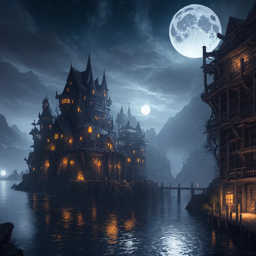 Best quality, ultra-detailed CG unity 8k wallpaper of a spooky dungeon at night, facing the river, with the reflection of the dungeon and the moon on the water surface.