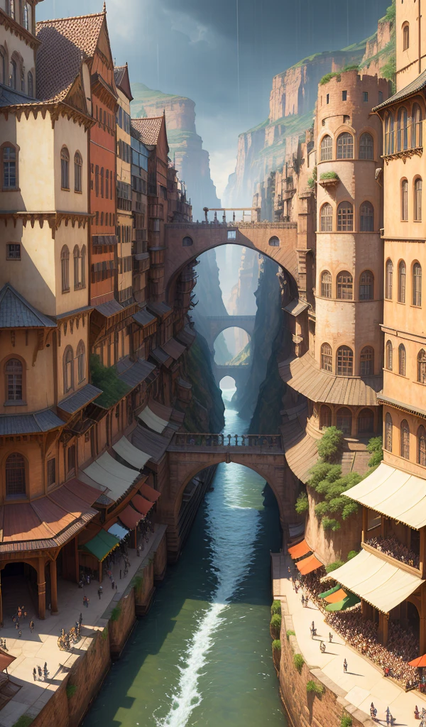((masterpiece)),((best quality)),((high detial)),((realistic,))
Industrial age city, deep canyons in the middle, architectural streets, bazaars, Bridges, rainy days, steampunk, European architecture.. full of people having fun