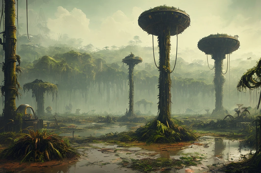 stalenhag, (dense alien jungle swamp:1.3), old destroyed parts rust atom nuclear, sci-fi, knots colorfully raw surface, smooth round shapes, hdr, 8k, 4k, octane renderer, huge detailed, artstation