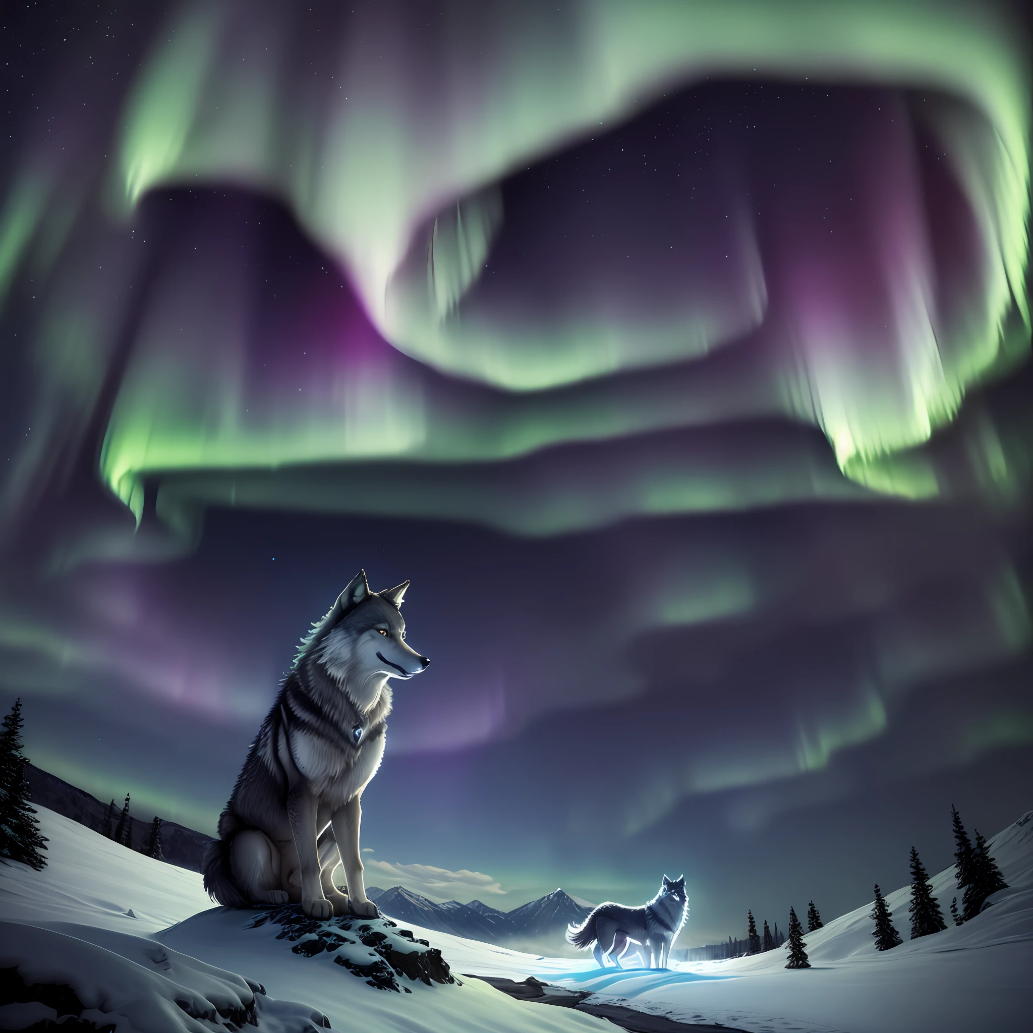 wolf sitting in mountains, northern lights, neon, best quality, dark sky