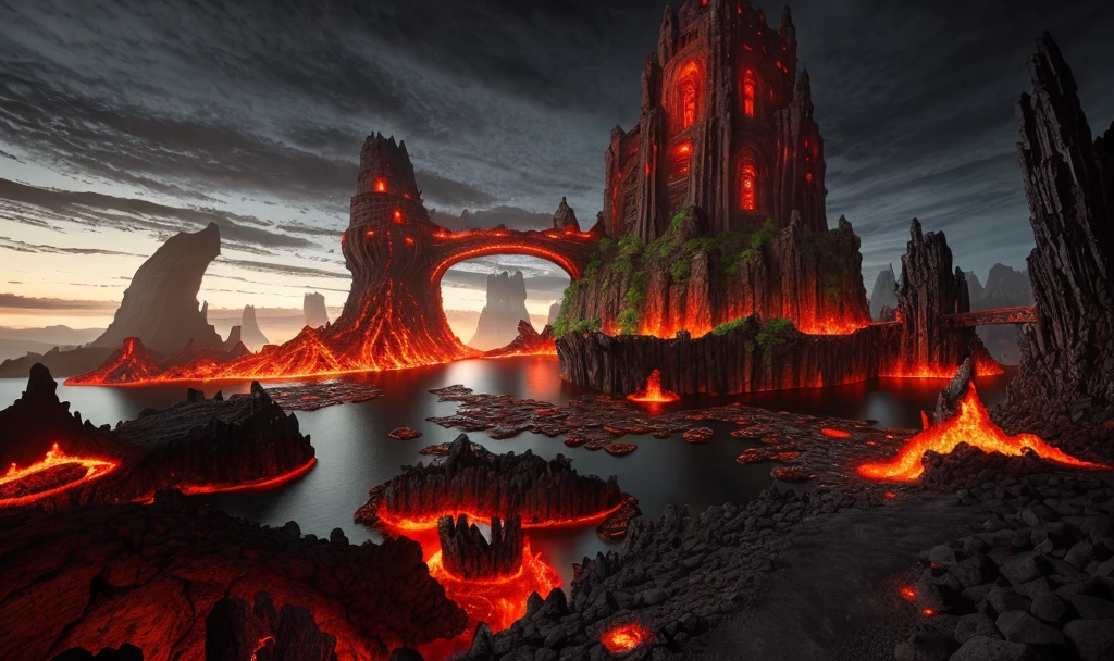 lava lake with interlocking rocks forming bridges that extend to a red tower in the center, ultra-realistic, ultra-detailed, high fantasy