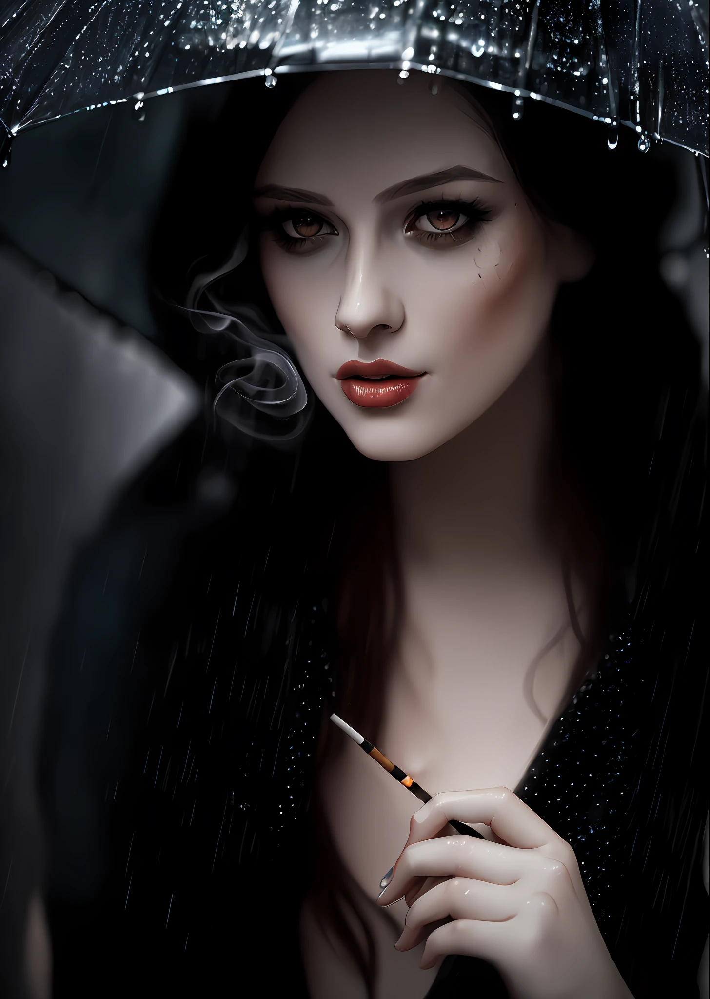 (speed painting)+ portrait of a woman, smoking a cigarette in the rain, after hours, dark, raining, film noir, wallpaper, UHD, professional (Clutter-Home:0.8), (masterpiece:1.2) (photorealistic:1.2) (bokeh) (best quality) (detailed skin:1.3) (8k) (detailed eyes) (sharp focus)