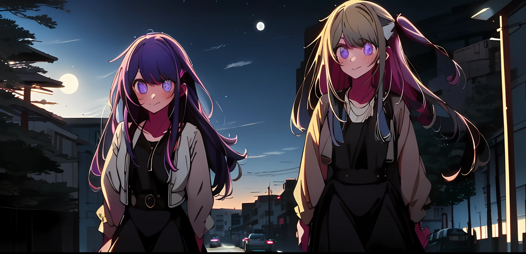 2girls, masterpiece, best quality, night, hill, clouds, full moon, long hair, silhouette, fireflies,diaphragm. First girl blonde hair, second girl purple hair, walking down street
