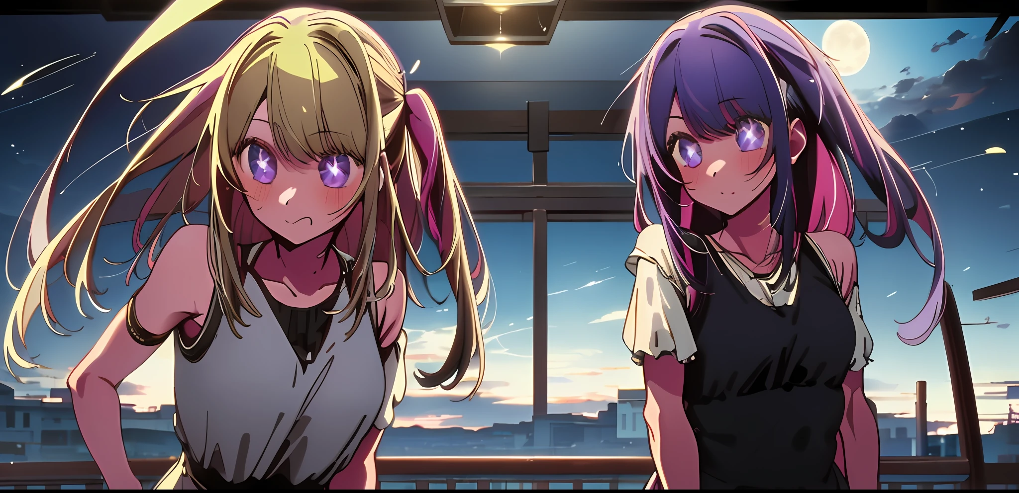 2girls, masterpiece, best quality, night, hill, clouds, full moon, long hair, silhouette, fireflies,diaphragm. First girl blonde hair, second girl purple hair