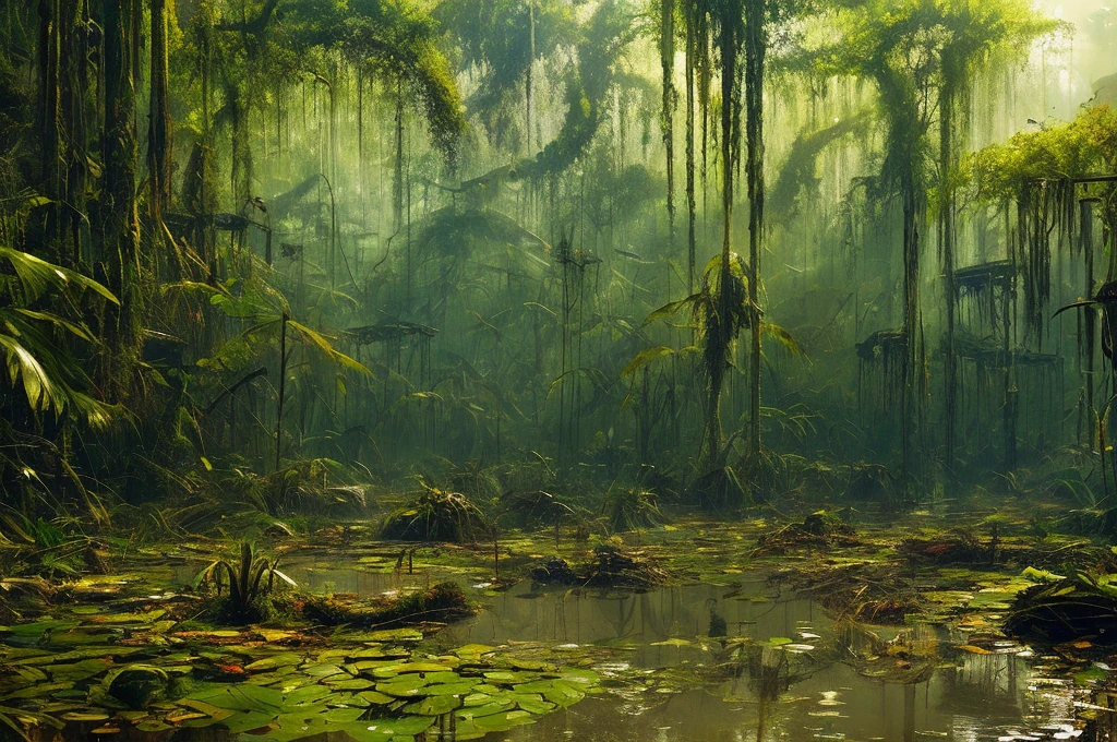 stalenhag, (dense alien jungle swamp:1.3), old destroyed parts rust atom nuclear, sci-fi, knots colorfully raw surface, smooth round shapes, hdr, 8k, 4k, octane renderer, huge detailed, artstation