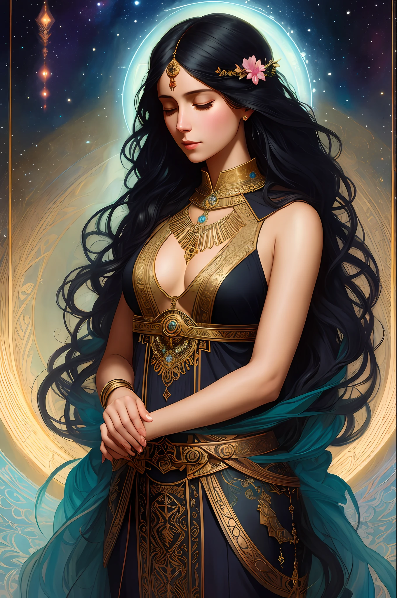 a beautiful latin woman, full body, looking at viewer, symmetric, eyes closed, slight smile, spirtual awakening, intricate details,
cosmic, ethereal, mystical, complicated environment, brush stokes, illuminating lights,
Greg Rutkowski, RHADS, Beeple, Makoto Shinkai, Lois van Baarle, Ilya Kuvshinov, Rossdraws, Tom Bagshaw, Alfonse Mucha,
masterpiece, ultra high res, high quality,