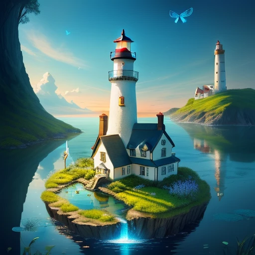 Fantasy, Lighthouse ant home, lighthouse standing over tiny pond with blue dragonfly on top