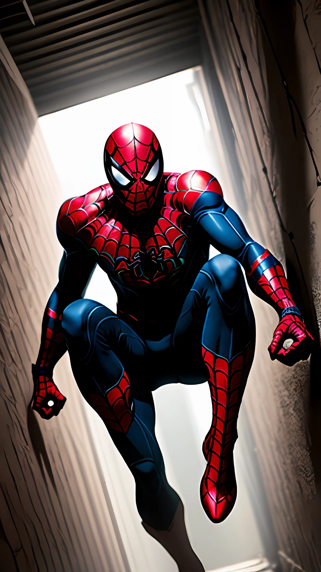 (realistic) Spider-Man wearing his iconic black suit in a dark, cramped alley. The alley is narrow and surrounded by dirty, weathered walls, creating a claustrophobic and gloomy feel.
Only dim, intermittent lighting is provided by the distant sirens, casting a reddish, bluish light that cuts through the dense shadows. This lighting creates an atmosphere of imminent danger and tension.
Spider-Man is at the center of the image, in an agile, combat-ready pose. His black costume stands out in the dark environment, showing subtle details of the material and textures. The light from the sirens reflects softly on the suit, creating a discreet glow.