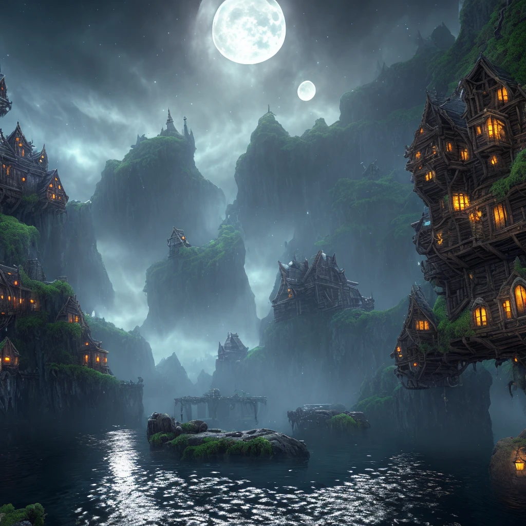 Best quality, ultra-detailed CG unity 8k wallpaper of a spooky dungeon in day time, facing the river, with the reflection of the dungeon and the moon on the water surface.
