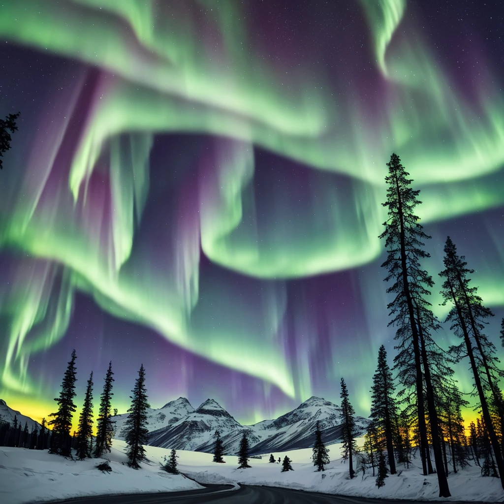 landscape, northern lights, dark, mountains, animaals in background, forest trees.