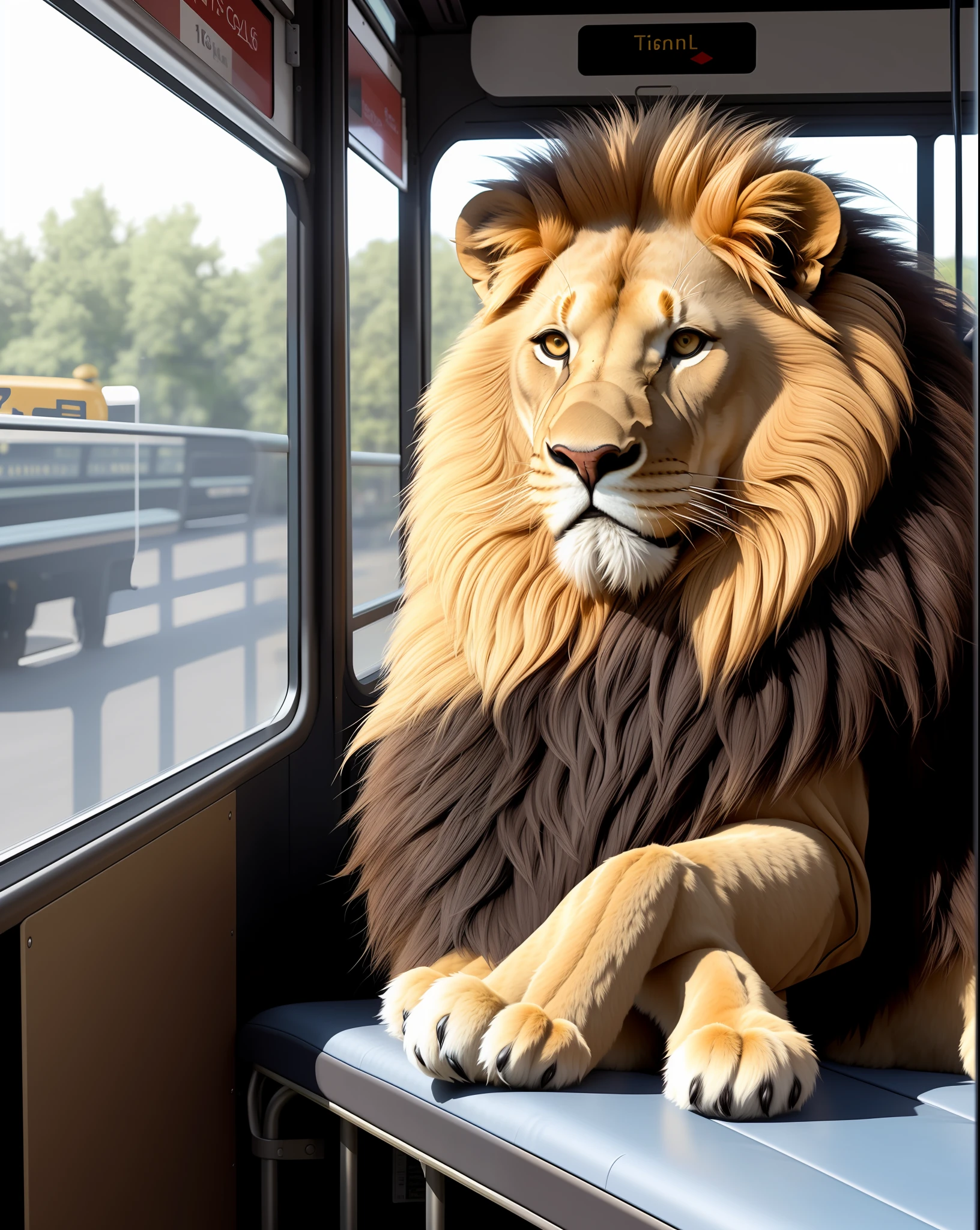 Lion sitting on the bench inside the bus (realistic 16k)