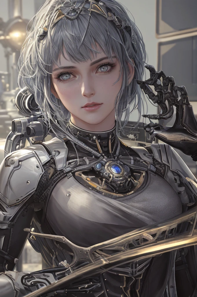 1mechanical girl,((ultra realistic details)), portrait, global illumination, shadows, octane render, 8k, ultra sharp,metal,intricate, ornaments detailed, cold colors, egypician detail, highly intricate details, realistic light, trending on cgsociety, glowing eyes, facing camera, neon details, machanical limbs,blood vessels connected to tubes,mechanical vertebra attaching to back,mechanical cervial attaching to neck,sitting,wires and cables connecting to head