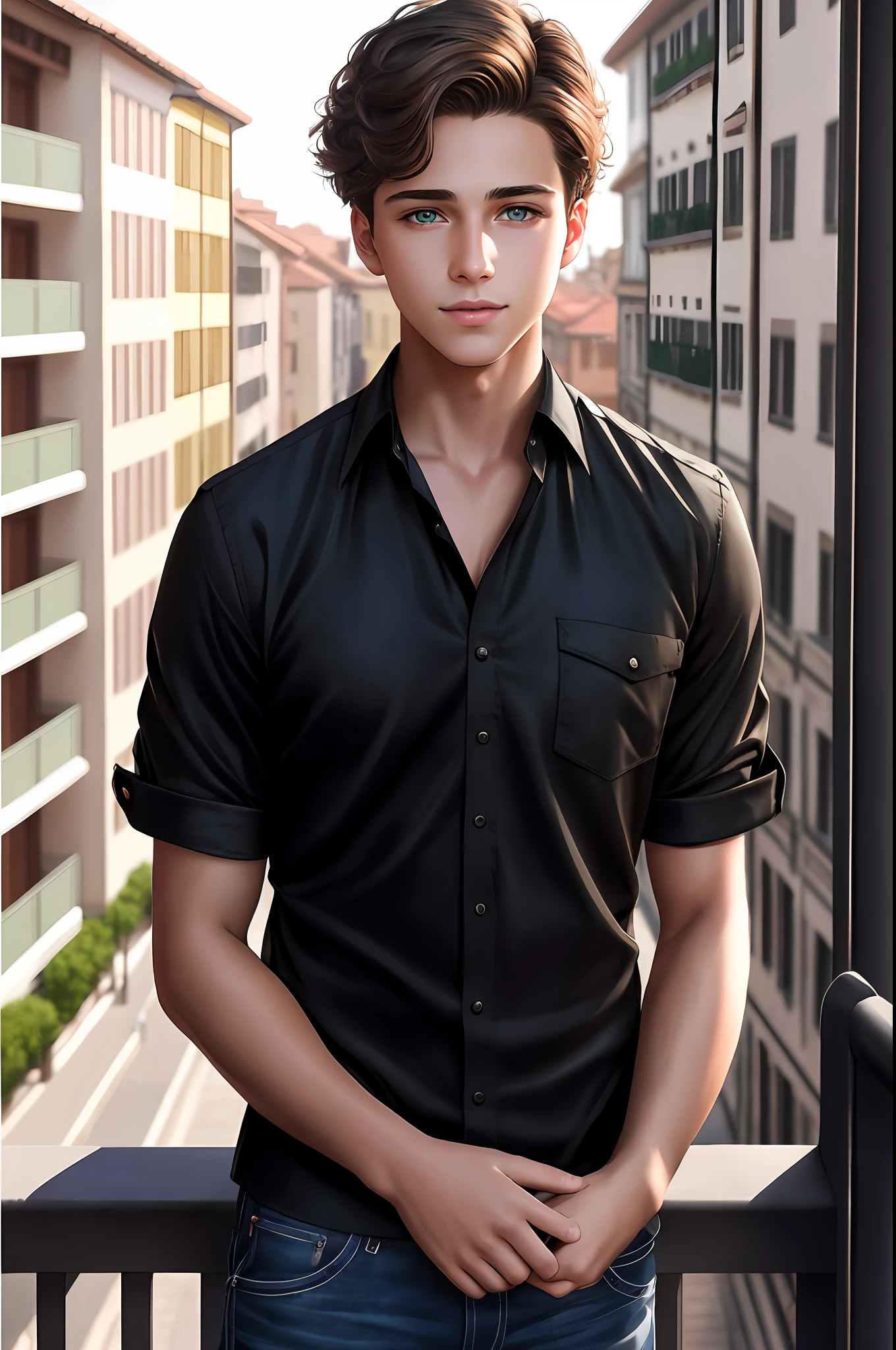 bright green eyes, most beautiful smile in the world, passionate look,light brown hair, man in a black BLOUSES posing on a balcony, render photorealistic anime boy, cute model boy, realistic blue 3 d render, deviantart artstation cgscosiety, cute boy model, photorealistic body, beautiful anime man, photorealistic art style, very realistic digital art, photorealistic digital painting,  gorgeous digital painting, extreamemente handsome boy, strong boy, he's a teenager, he's , he's young, ultra-realistic